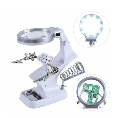 Lupa de mesa e bancada led com garras e suporte para ferro de solda articulada ajustavel bivolt - Faça resolva Menor preço em Lupa de mesa e bancada led com garras e suporte para ferro de solda articulada ajustavel bivolt - Faça resolva