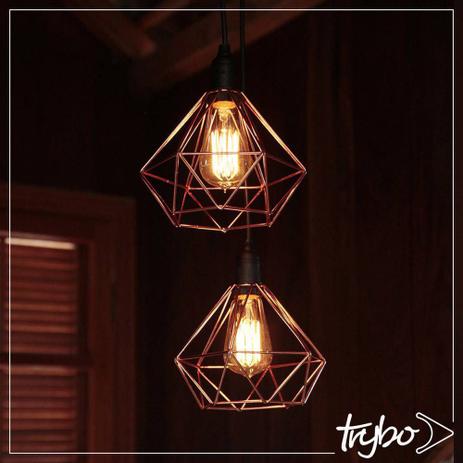 Lustre Com 2 Pendentes Aramado Diamante Cobre - Design Estilo Industrial ( BOCAL DUPLO) - Plugador Menor preço em Lustre Com 2 Pendentes Aramado Diamante Cobre - Design Estilo Industrial ( BOCAL DUPLO) - Plugador