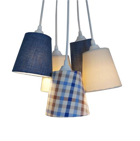 Lustre Pendente 5 Cúpulas em Tecido Crie Casa Azul Jeans, Bege e Xadrez Menor preço em Lustre Pendente 5 Cúpulas em Tecido Crie Casa Azul Jeans, Bege e Xadrez