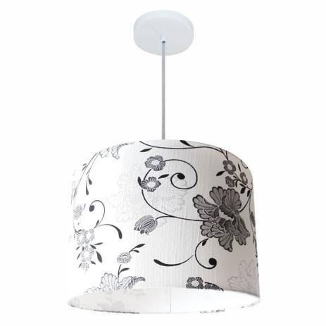 Lustre Pendente Cilindrico MD-4146 Cupula Tecido 40x30cm Floral Preto - Vivare iluminação Menor preço em Lustre Pendente Cilindrico MD-4146 Cupula Tecido 40x30cm Floral Preto - Vivare iluminação