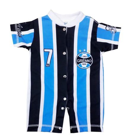 Macacão Curto Grêmio Listrado Oficial - Bebê brasileiro Menor preço em Macacão Curto Grêmio Listrado Oficial - Bebê brasileiro