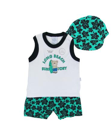 Macacão curto menino long beach com boné verde - piu piu Menor preço em Macacão curto menino long beach com boné verde - piu piu