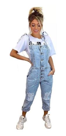 Macacão Jardineira Pantacourt Bolsos Jeans Botões Blogueiras - Popflor -  Roupas Femininas - Magazine Luiza