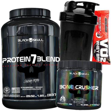 Mais explosão Energia Foco Força - Whey Protein 7 Blend 837g Bone Crusher 150g Coqueteleira+Barra - Black skull Menor preço em Mais explosão Energia Foco Força - Whey Protein 7 Blend 837g Bone Crusher 150g Coqueteleira+Barra - Black skull