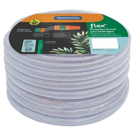 Mangueira 25 m Flex Tramontina Transparente em PVC 3 Camadas com Engates Rosqueados e Esguicho 79182256 Menor preço em Mangueira 25 m Flex Tramontina Transparente em PVC 3 Camadas com Engates Rosqueados e Esguicho 79182256