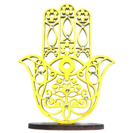 Mão de Hamsá na Base Mini Amarela em Mdf 9,5cm - Mandala de luz é ruim? Mão de Hamsá na Base Mini Amarela em Mdf 9,5cm - Mandala de luz é boa?