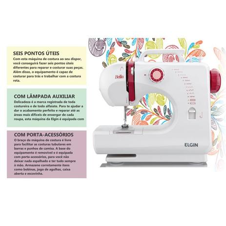 Máquina de Costura Elgin Bella BL 1200 com 6 pontos úteis e Luz na Costura Bivolt Branca/Lilás Menor preço em Máquina de Costura Elgin Bella BL 1200 com 6 pontos úteis e Luz na Costura Bivolt Branca/Lilás