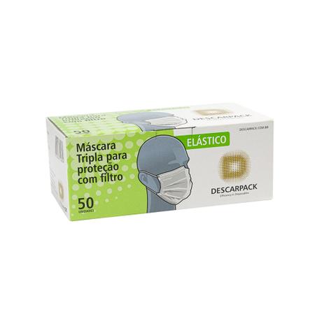 Máscara Tripla para proteção com filtro c/ elástico cx c/50un - Descarpack Menor preço em Máscara Tripla para proteção com filtro c/ elástico cx c/50un - Descarpack