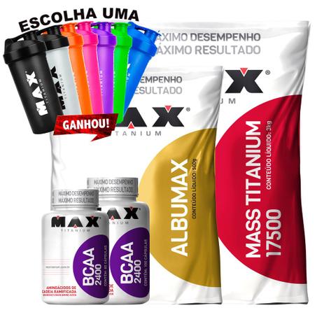 Mass Titanium 17500 3kg + Albumax 500g + Bcaa + Coq Max Tita - Max titanium Menor preço em Mass Titanium 17500 3kg + Albumax 500g + Bcaa + Coq Max Tita - Max titanium