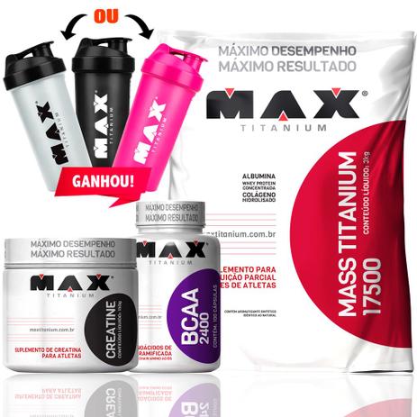 Mass Titanium 17500 3kg + Creatina + Bcaa 2400 Max Titanium Menor preço em Mass Titanium 17500 3kg + Creatina + Bcaa 2400 Max Titanium