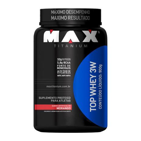 Max Titanium Top Whey 3W 900G Morango Menor preço em Max Titanium Top Whey 3W 900G Morango