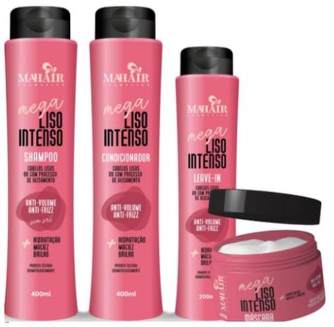 Mega liso intenso kit completo 4 produtos shampoo - condicionador - máscara e leave-in mahair -