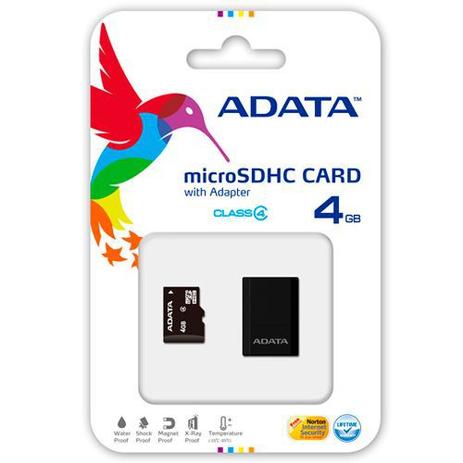 Memory CARD ADATA CLASS 4 Micro SDHC C/ADAPT SD 4GB AUSDH4GCL4-RM3BKBL Menor preço em Memory CARD ADATA CLASS 4 Micro SDHC C/ADAPT SD 4GB AUSDH4GCL4-RM3BKBL
