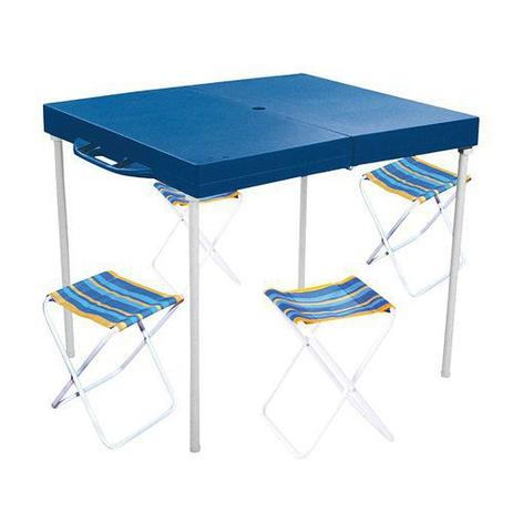 Mesa Dobrável Camping Tipo Maleta Mor com 4 Banquetas Menor preço em Mesa Dobrável Camping Tipo Maleta Mor com 4 Banquetas