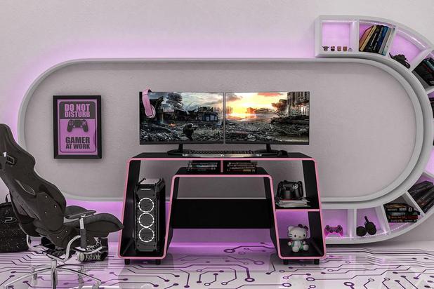 Mesa Gamer London 1 Prateleira 1 Nicho Preto com Rosa - Politorno Menor preço em Mesa Gamer London 1 Prateleira 1 Nicho Preto com Rosa - Politorno