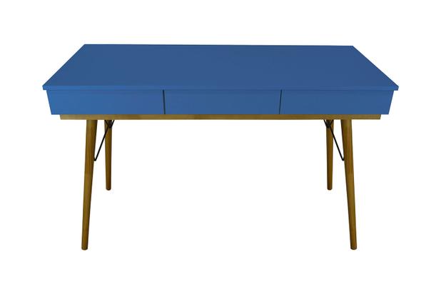 Mesa P/ Escritório Quarto Escrivaninha Gavetas Aparador Pés Palito Madeira MDF Azul - Móveis Bolzan Menor preço em Mesa P/ Escritório Quarto Escrivaninha Gavetas Aparador Pés Palito Madeira MDF Azul - Móveis Bolzan