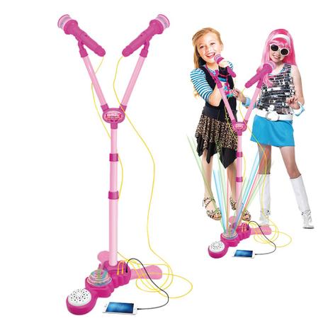 Microfone Duplo Karaoke Infantil Amplificador Com Pedestal Rosa (DMT5048) - Braslu Menor preço em Microfone Duplo Karaoke Infantil Amplificador Com Pedestal Rosa (DMT5048) - Braslu