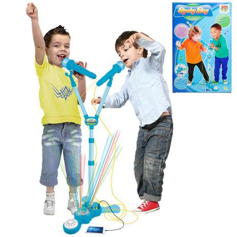 Microfone Infantil Duplo Amplificador Karaoke Com Pedestal Azul (DMT5049) - Braslu Menor preço em Microfone Infantil Duplo Amplificador Karaoke Com Pedestal Azul (DMT5049) - Braslu