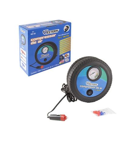 Mini compressor de ar 12v 260psi modelo pneu/roda com calibrador e 3 bicos - Western Menor preço em Mini compressor de ar 12v 260psi modelo pneu/roda com calibrador e 3 bicos - Western