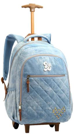 Mochila Escolar Juvenil feminina Jeans Alças Carrinho Rodinhas Seanite Menor preço em Mochila Escolar Juvenil feminina Jeans Alças Carrinho Rodinhas Seanite