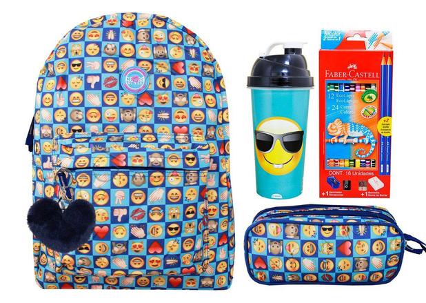 Mochila Feminina Escolar Juvenil Emoji Quadriculado + Kit - Clio Menor preço em Mochila Feminina Escolar Juvenil Emoji Quadriculado + Kit - Clio