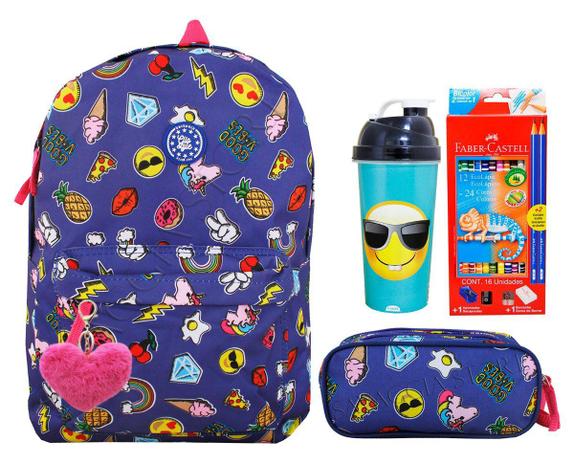 Mochila Unicórnio Escolar Juvenil Emoji Patches Mf8108 + Kit - Clio style Menor preço em Mochila Unicórnio Escolar Juvenil Emoji Patches Mf8108 + Kit - Clio style