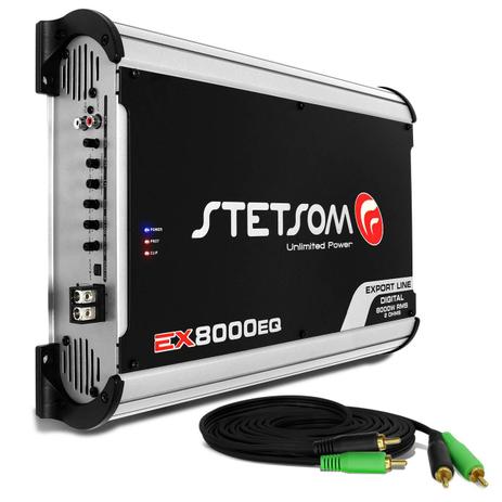 Módulo Amplificador Stetsom Export Line EX 8000 Digital 8000W RMS 1 Canal 2 Ohms + Cabo RCA 4mm 5m Menor preço em Módulo Amplificador Stetsom Export Line EX 8000 Digital 8000W RMS 1 Canal 2 Ohms + Cabo RCA 4mm 5m