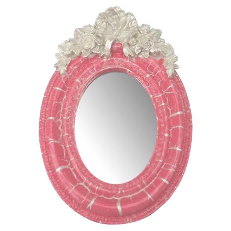 Menor preço em Moldura Provençal Oval Rosas com Laço com Espelho Rosa e Branco Craquelê 9,5x14cm - Resina - Resinas
