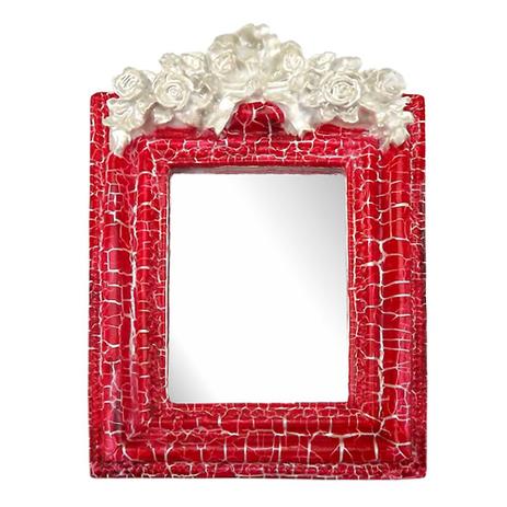 Menor preço em Moldura Provençal Retangular Rosas com Laço com Espelho Vermelho e Branco Craquelê 13,5x9,2cm - Resina - Resinas