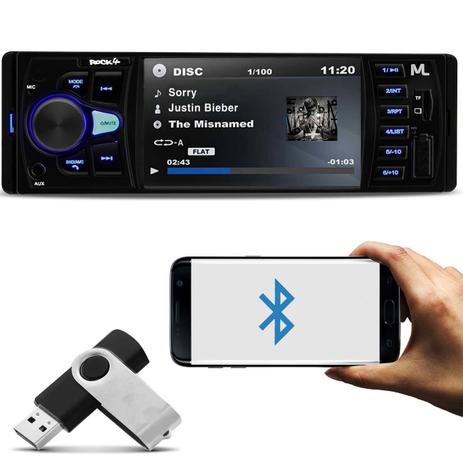 MP5 Player Multilaser Rock 4 P3325 1 Din 4 Polegadas BT USB SD Auxiliar MP3 Vídeo FM + Pen Drive 8GB Menor preço em MP5 Player Multilaser Rock 4 P3325 1 Din 4 Polegadas BT USB SD Auxiliar MP3 Vídeo FM + Pen Drive 8GB