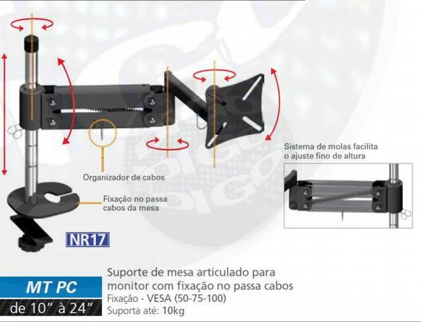 MT PC Suporte de mesa Articulado com Inclinação para Monitor LCD/LED de 10” a 24” (Passa Cabos) - Multivisao é boa?