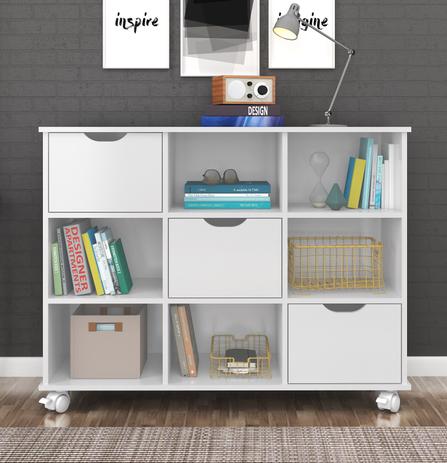 Nicho Organizador 108 x 83 cms com 3 Gavetas e Rodízios Qmovi Branco Menor preço em Nicho Organizador 108 x 83 cms com 3 Gavetas e Rodízios Qmovi Branco