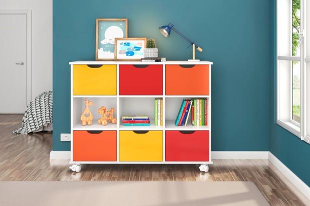 Nicho organizador branco 108 x 83 cm 6 gavetas lr/am/vm com rodizios - qmovi Menor preço em Nicho organizador branco 108 x 83 cm 6 gavetas lr/am/vm com rodizios - qmovi