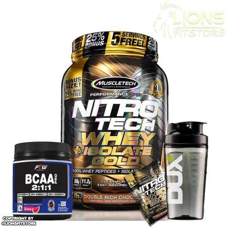 Nitro Tech Isolate Gold Muscletech Double Chocolate + Bcaa 2:1:1 210g FTW + Coqueteleira + Dose Menor preço em Nitro Tech Isolate Gold Muscletech Double Chocolate + Bcaa 2:1:1 210g FTW + Coqueteleira + Dose
