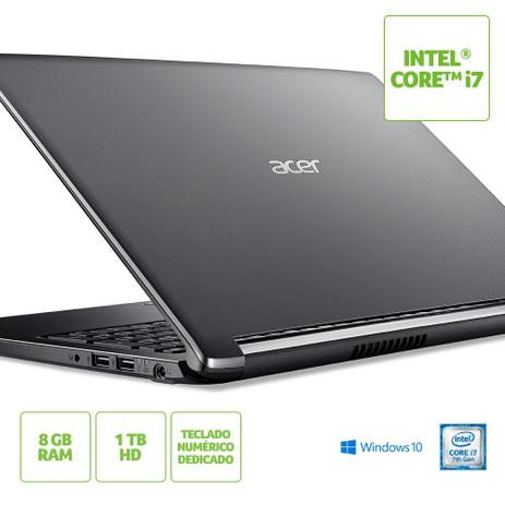 Notebook Acer A515-51-75RV Intel Core i7 7500U 8GB(2x4GB) 1TB 15,6 Windows 10 Home Cinza/preto Menor preço em Notebook Acer A515-51-75RV Intel Core i7 7500U 8GB(2x4GB) 1TB 15,6 Windows 10 Home Cinza/preto