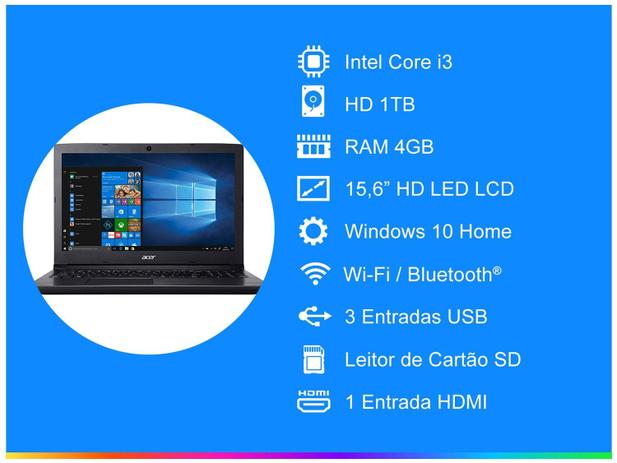 Notebook Acer Aspire 3 A315-53-333H Intel Core i3 - 4GB 1TB 15,6” LED LCD Windows 10