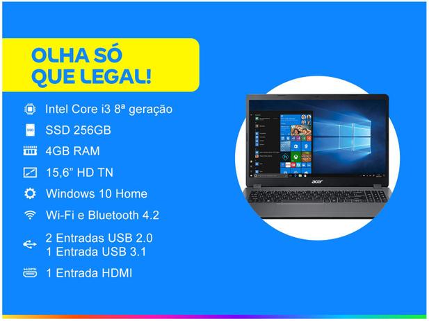 Notebook Acer Aspire 3 A315-54K-37LZ Intel Core i3 - 4GB 256GB SSD 15,6” Windows 10