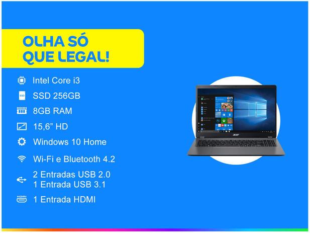 Notebook Acer Aspire 3 A315-56-3090 Intel Core i3 - 8GB 256GB SSD 15,6” LED Windows 10