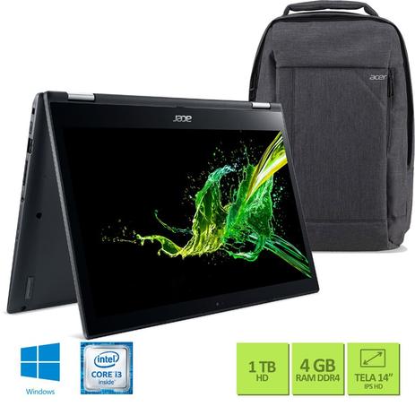 Notebook Acer Spin 3 SP314-51-31RV Intel Core i3-7020U 4GB RAM HD de 1TB Tela de 14” HD Windows 10 + Mochila Acer para Notebook Gray Dual Tone Menor preço em Notebook Acer Spin 3 SP314-51-31RV Intel Core i3-7020U 4GB RAM HD de 1TB Tela de 14” HD Windows 10 + Mochila Acer para Notebook Gray Dual Tone