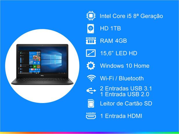 Notebook Dell Inspiron i15-3583-A2XP Intel Core i5 - 4GB 1TB 15,6” Windows 10 Home