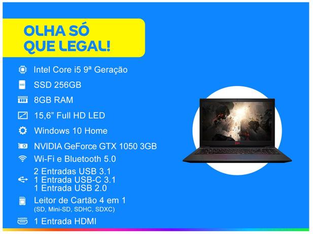 Notebook Gamer 2AM E550 Intel Core i5 8GB 256GB - SSD 15,6” Full HD IPS NVIDIA GTX 1050 Windows 10