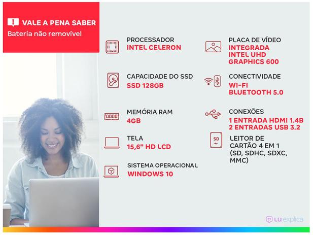 Notebook Lenovo IdeaPad3i 82BU0001BR Intel Celeron - 4GB 128GB SSD 15,6” LCD Windows 10