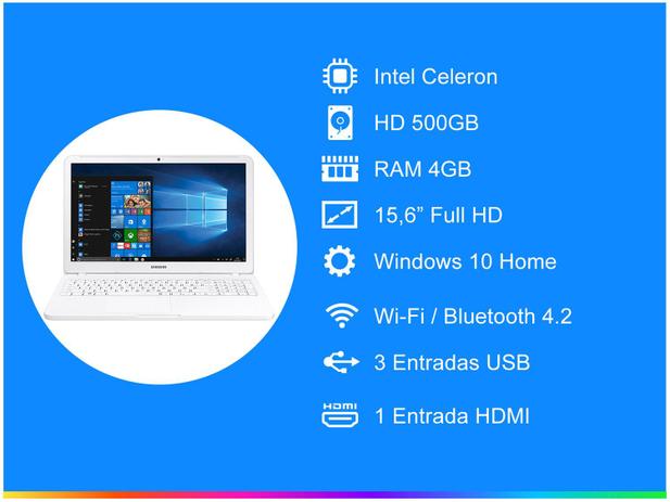 Notebook Samsung Essentials E20 Intel Dual Core - 4GB 500GB 15,6” Windows 10