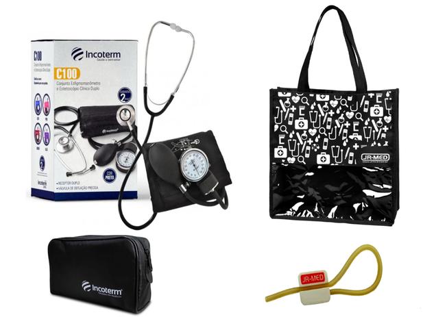 Novo Kit Aparelho de Pressão com Estetoscópio Clinico Duplo Preto Incoterm + Bolsa JRMED Menor preço em Novo Kit Aparelho de Pressão com Estetoscópio Clinico Duplo Preto Incoterm + Bolsa JRMED