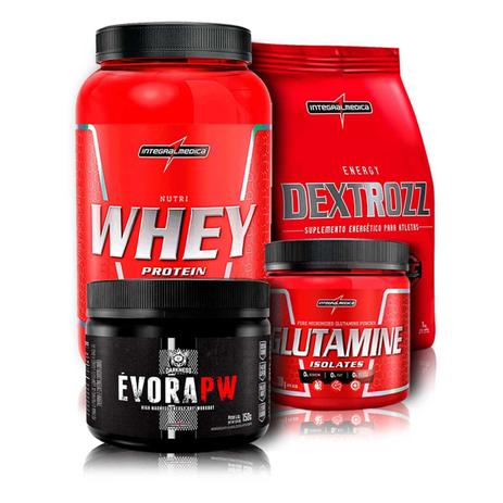 Nutri whey pote 907 (morango) + dextrozz 1kg + glutamine 300g + évora pw 300g (uva) - Integralmedica Menor preço em Nutri whey pote 907 (morango) + dextrozz 1kg + glutamine 300g + évora pw 300g (uva) - Integralmedica