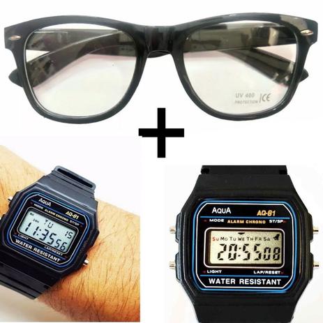Oculos Preto com lentes Sem Grau e Relógio Aqua Aq-81 - Oficina dos relógios Menor preço em Oculos Preto com lentes Sem Grau e Relógio Aqua Aq-81 - Oficina dos relógios