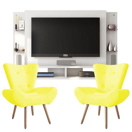 Painel Para Tv Domínio Branco e Kit 2 Poltronas Decorativas Bella Amarelo Caemmun Menor preço em Painel Para Tv Domínio Branco e Kit 2 Poltronas Decorativas Bella Amarelo Caemmun