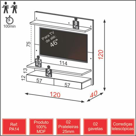 Painel para TV Suspenso 120cm com Gavetas Prateleiras PA14 Dalla Costa Menor preço em Painel para TV Suspenso 120cm com Gavetas Prateleiras PA14 Dalla Costa