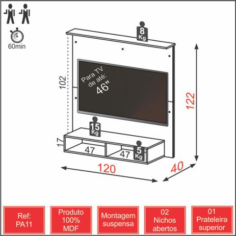 Painel para TV Suspenso 120cm com Nicho PA11 Dalla Costa Menor preço em Painel para TV Suspenso 120cm com Nicho PA11 Dalla Costa