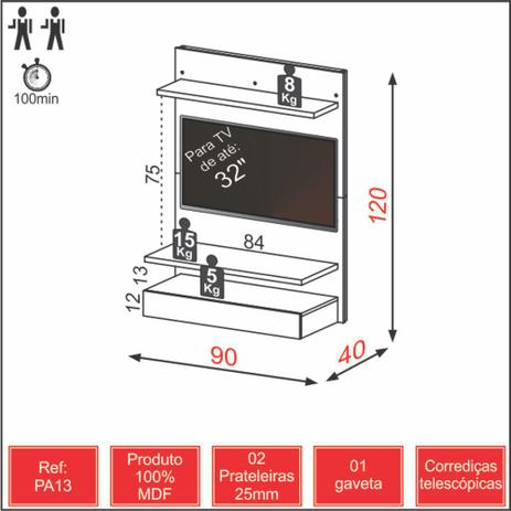 Painel para TV Suspenso 90cm com Gaveta Prateleiras PA13 Dalla Costa Menor preço em Painel para TV Suspenso 90cm com Gaveta Prateleiras PA13 Dalla Costa